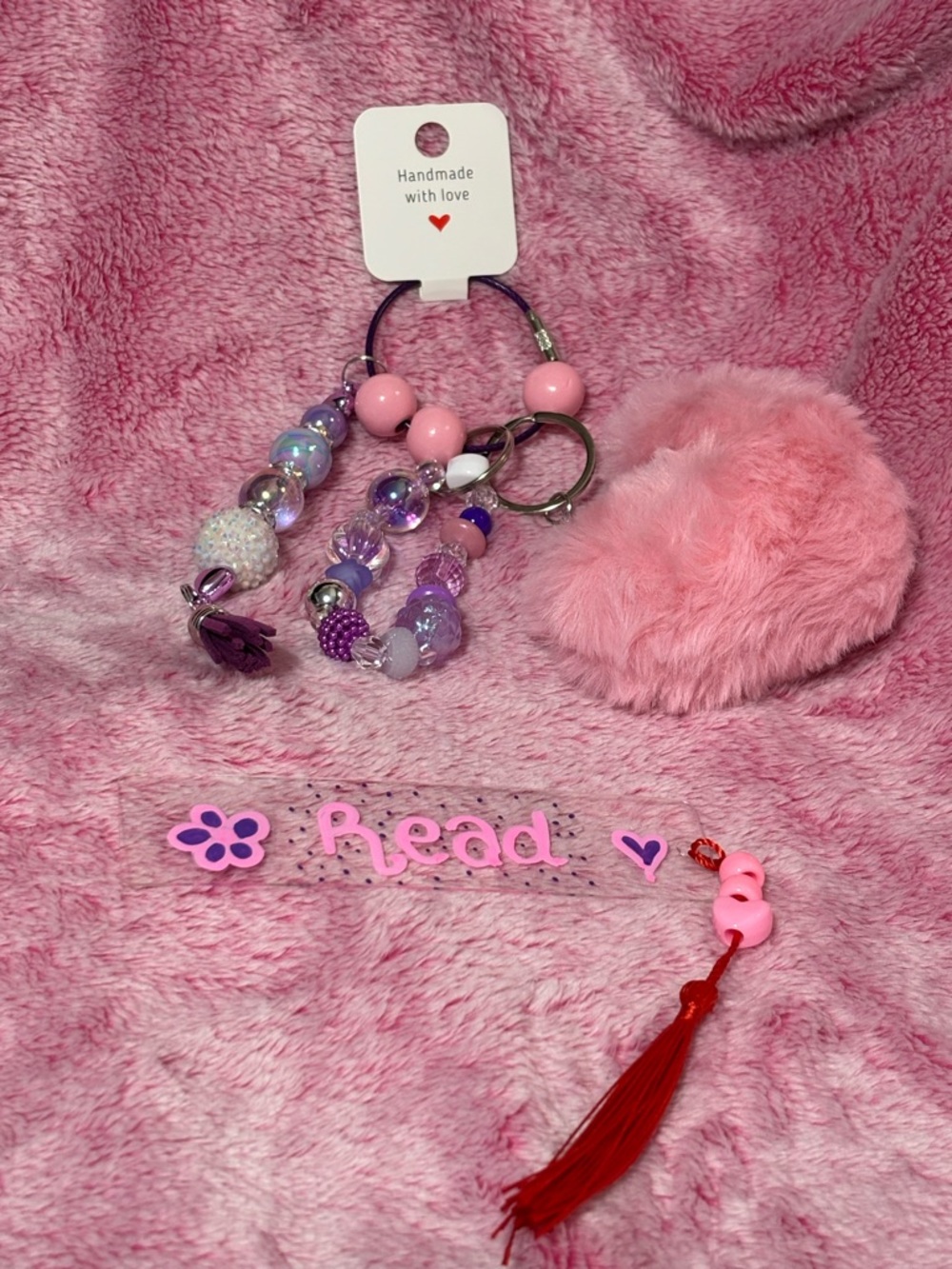 Handmade Pink & Purple Beaded Pom Faux Fur Heart Keychain with Bookmark